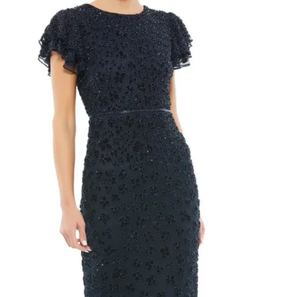 MAC DUGGAL 10771 FLOUNCE SLEEVE MIDI MIDNIGHT NAVY MIDI DRESS sz 6